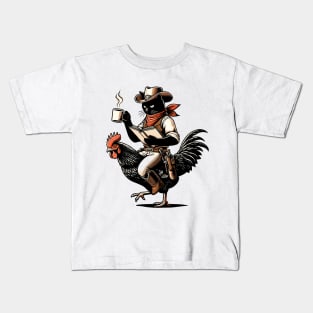 Cat Reading a Book And Drinking Coffee Riding Chicken Kids T-Shirt